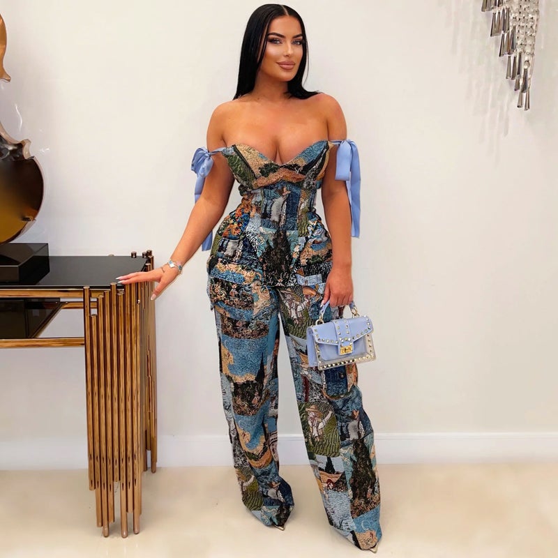 K3296 Printed Oil Painting Pattern Strap Drawstring Multi-Flap Pocket Pants Pants Set - Image 3